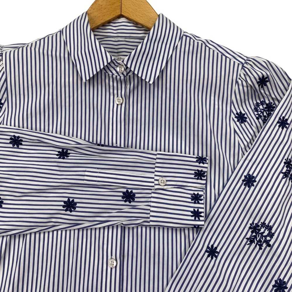 Chico's Striped Button Down Shirt Womens 1 Size 8 Blue White Floral Embroidered
